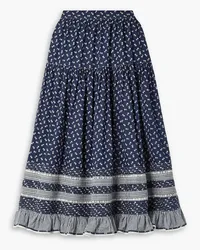 DÔEN Rosanna crochet lace-trimmed ruffled floral-print cotton-poplin midi skirt - Blue Blue