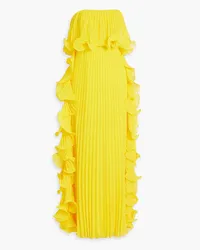 Badgley Mischka Strapless ruffled plissé-chiffon gown - Yellow Yellow