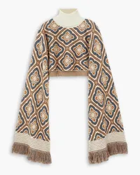 Etro Fringed wool-blend jacquard turtleneck poncho - Neutral Neutral