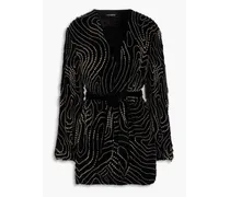 Embellished belted velvet mini wrap dress - Black