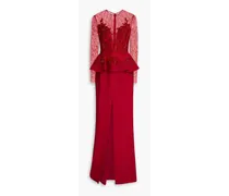 Embellished Chantilly lace-paneled silk-blend crepe gown - Red
