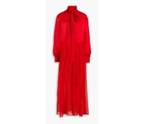 Pussy-bow satin-paneled silk-voile maxi shirt dress - Red