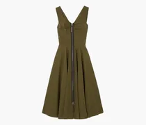 Leather-trimmed ruched satin-twill dress - Green