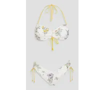 Ruched floral-print bandeau bikini - White