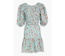 Brita gathered floral-print ramie mini dress - Blue