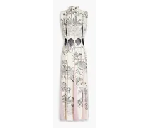Printed velvet-paneled silk crepe de chine midi dress - White