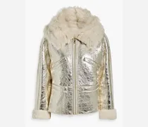 Shearling-trimmed metallic cracked-leather hooded jacket - Metallic