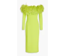 Off-the-shoulder feather-embellished stretch-knit midi dress - Green