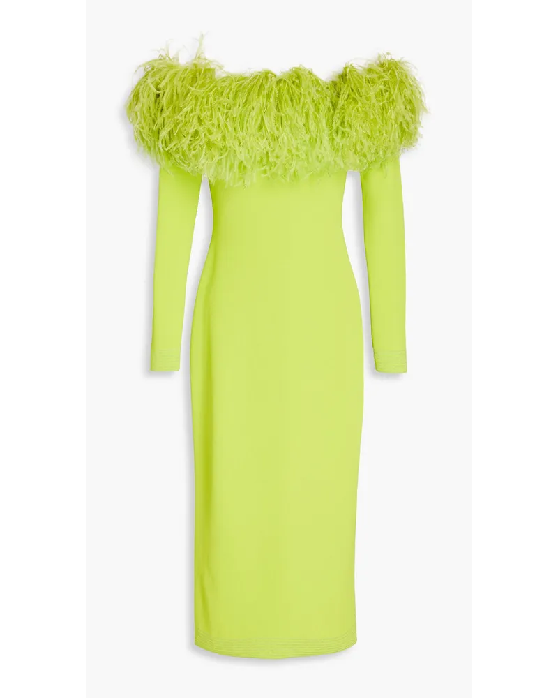 Elie Saab Off-the-shoulder feather-embellished stretch-knit midi dress - Green Green