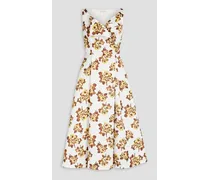 Pleated floral-print duchesse-satin midi wrap dress - White