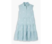 Porto tiered embroidered linen mini dress - Blue