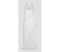 Asymmetric open-back ruffled crystal-embellished silk-satin gown - White