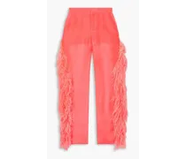 Feather-embellished silk-organza tapered pants - Orange