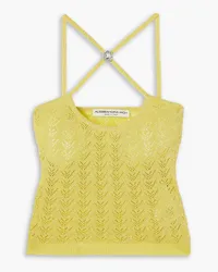 Alessandra Rich Cropped embellished metallic pointelle-knit top - Yellow Yellow