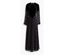 Velvet-paneled fil coupé silk-blend voile gown - Black
