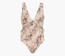 Lace-up mesh-trimmed snake-print swimsuit - Animal print