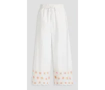 Cropped lace-trimmed cotton wide-leg pants - White