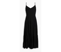 Lace-paneled pleated silk-crepe midi dress - Black