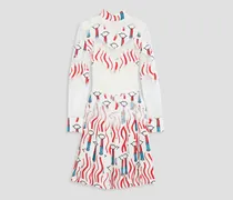 Pleated printed chantilly lace-paneled crepe dress - White