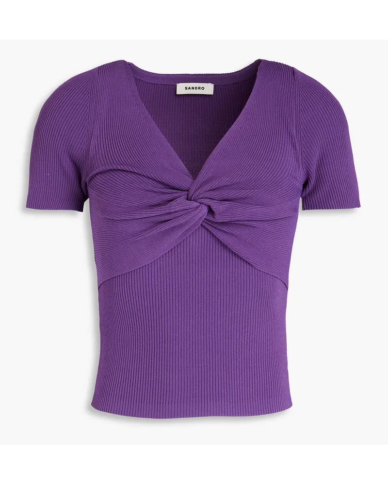 Sandro Twist-front cropped ribbed-knit top - Purple Purple