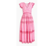 Abena crocheted lace-trimmed polka-dot cotton midi dress - Pink
