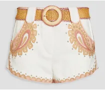 Belted studded paisley-print linen shorts - White