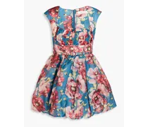 Belted floral-print linen and silk-blend mini dress - Blue