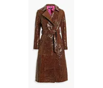 Glossed croc-effect leather trench coat - Brown