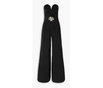 Strapless embellished ruched plissé-satin and crepe jumpsuit - Black