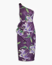 Marchesa One-shoulder draped floral-jacquard midi dress - Purple Purple