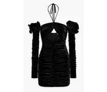 Cold-shoulder floral-appliquéd velvet mini dress - Black