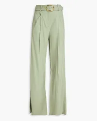 Veronica Beard Rimini belted pleated linen-blend wide-leg pants - Green Green