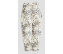 Cropped printed linen-blend tapered pants - White