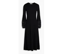 Embellished lace-trimmed knitted midi dress - Black