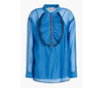 Pleated cotton and silk-blend voile blouse - Blue