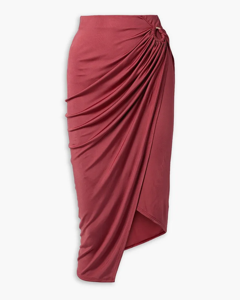 Louisa Ballou Coastline ring-embellished wrap-effect stretch-jersey midi skirt - Burgundy Burgundy