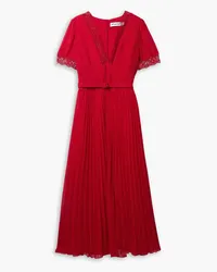 Self-Portrait Belted lace-trimmed pleated chiffon midi dress - Red Red