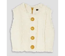 Balmain Cropped button-embellished frayed cotton-blend tweed top - White White