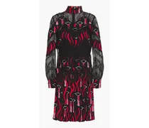 Printed crepe, Chantilly lace and point d'esprit dress - Black