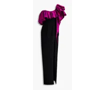 One-shoulder shantung-paneled ruffled crepe gown - Black