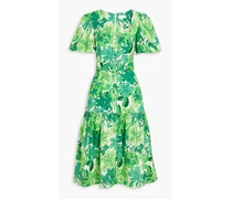Belted floral-print linen-blend midi dress - Green