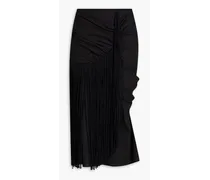Fringed ruched cotton-poplin midi skirt - Black