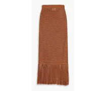 Helen fringed crocheted cotton-blend midi skirt - Brown
