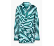 Wrap-effect striped cotton-poplin mini shirt dress - Green