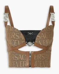 Versace Cutout leather-trimmed canvas-jacquard bralette - Brown Brown