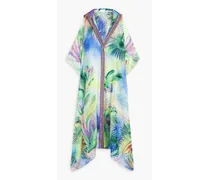 Embellished printed silk-chiffon hooded kimono - Green