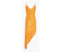 Asymmetric sequined stretch-mesh slip dress - Orange
