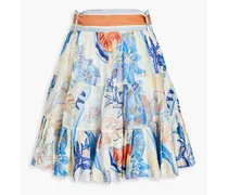 Gathered printed linen and silk-blend mini skirt - Blue