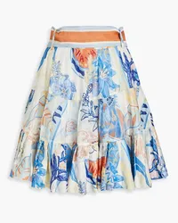 LEO LIN Gathered printed linen and silk-blend mini skirt - Blue Blue