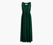 Topstitched pleated satin-crepe maxi dress - Green